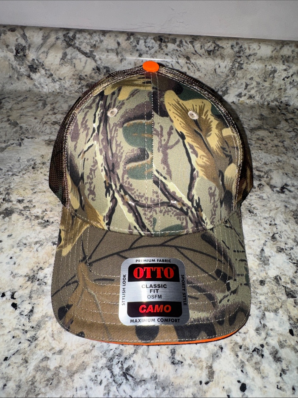 OTTO Realtree-Style Camo Trucker Hat with Orange Accents